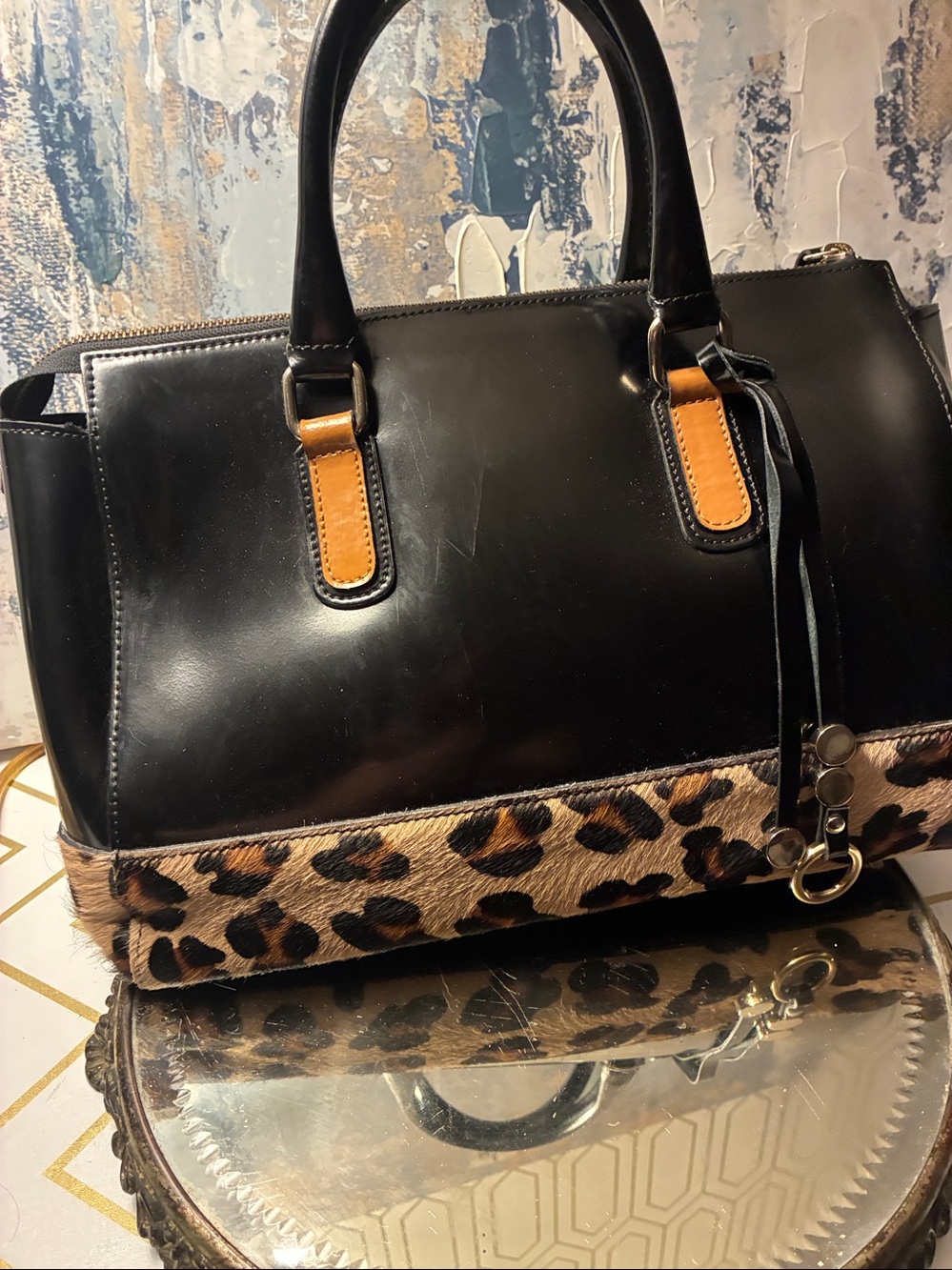Vintage EUC  Asia Belluccia Black  & Leopard Made in Italy Satchel